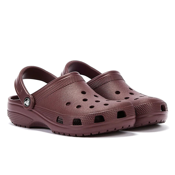 maroon crocs with fur