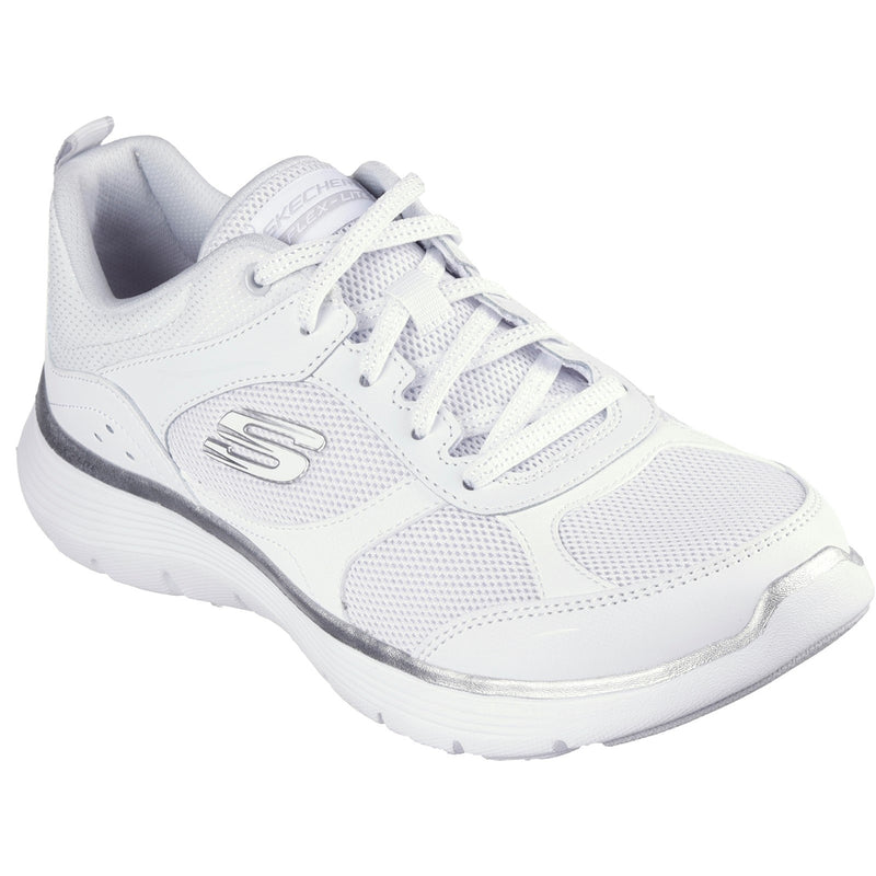 Skechers Womens Flex Appeal 5.0 Fresh Touch 150202-WSL White/Silver Lace Up Shoe